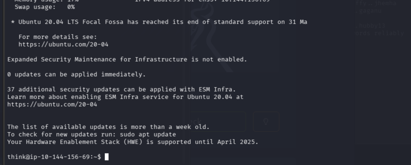 Successful SSH login to the Think account using the exposed private key